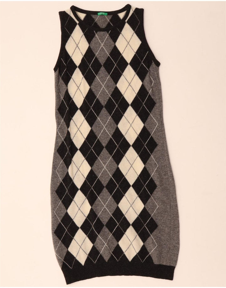 BENETTON Womens Sleeveless Jumper Dress UK 12 Medium Grey Argyle/Diamond