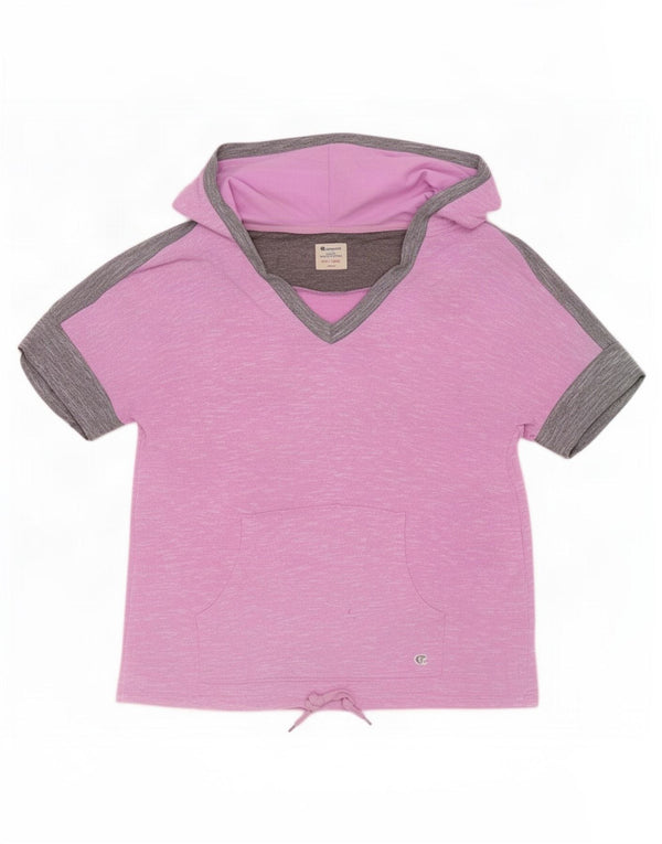 Champion Womens Hooded T-Shirt Top UK 10 Small Pink Colourblock Polyester