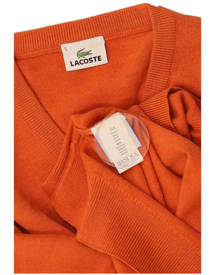 Lacoste Mens V-Neck Jumper Sweater Size 6 Large Orange Wool