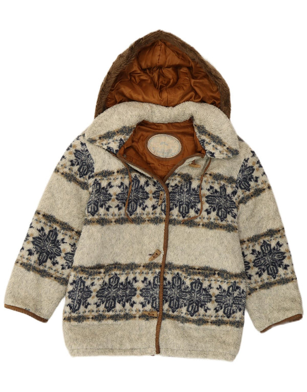 Vintage Womens Hooded Faux Fur Duffle Coat UK 14 Medium Grey Fair Isle
