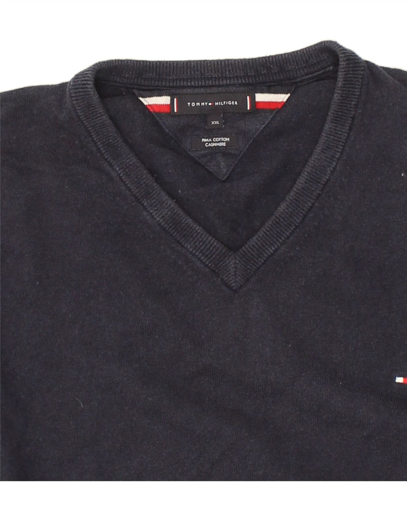 TOMMY HILFIGER Mens V-Neck Jumper Sweater 2XL Navy Blue Cotton | Vintage Tommy Hilfiger | Thrift | Second-Hand Tommy Hilfiger | Used Clothing | Messina Hembry 