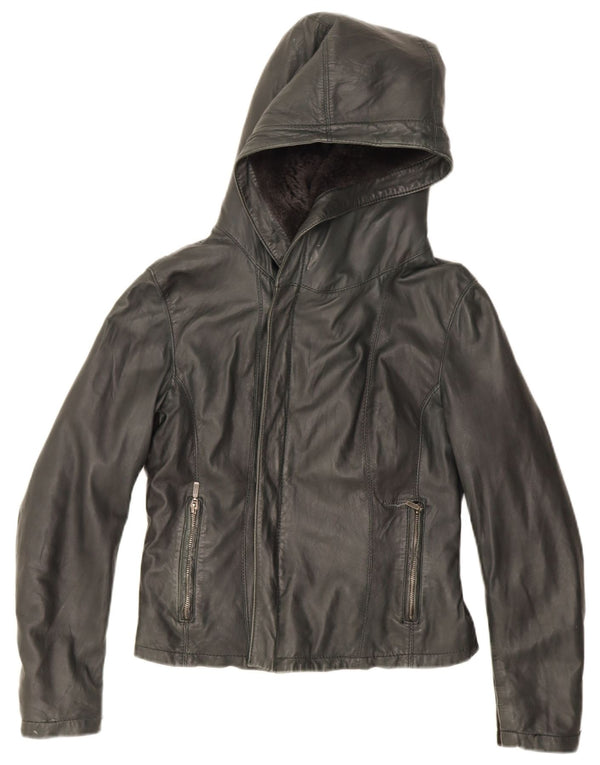 XETRA Womens Crop Hooded Leather Jacket UK 12 Medium Black