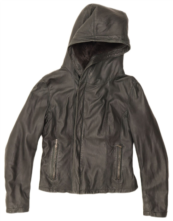 XETRA Womens Crop Hooded Leather Jacket UK 12 Medium Black