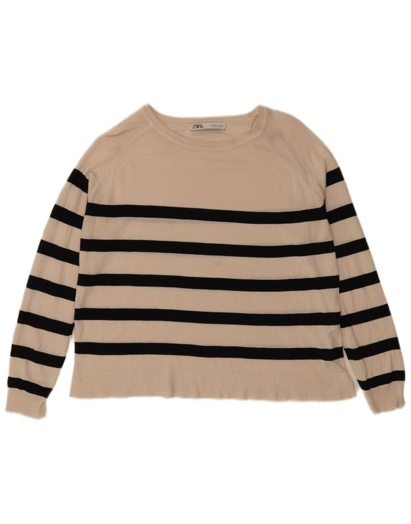 Zara Womens Boat Neck Jumper Sweater UK 10 Medium Off White Striped Viscose
