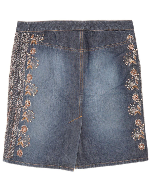 Warehouse Womens Denim Skirt UK 12 Medium W30 Blue Floral Cotton