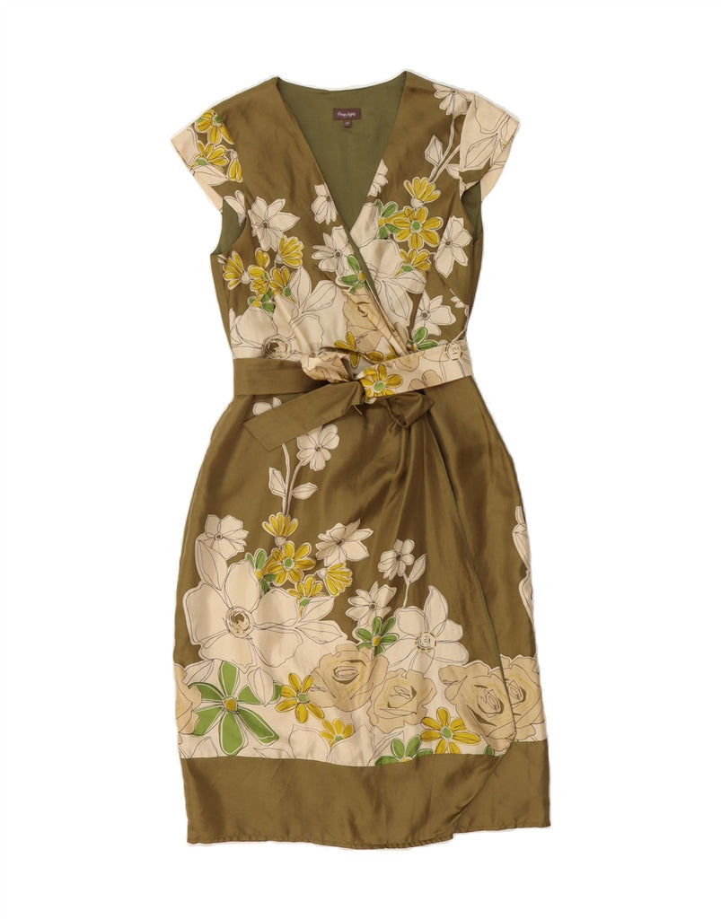PHASE EIGHT Womens Sleeveless Wrap Dress UK 10 Small Khaki Floral Silk Vintage Phase Eight and Second-Hand Phase Eight from Messina Hembry 