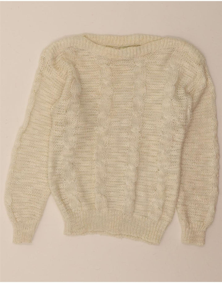 VINTAGE Womens Boat Neck Jumper Sweater UK 14 Medium Off White Polyacrylic Vintage Vintage and Second-Hand Vintage from Messina Hembry 