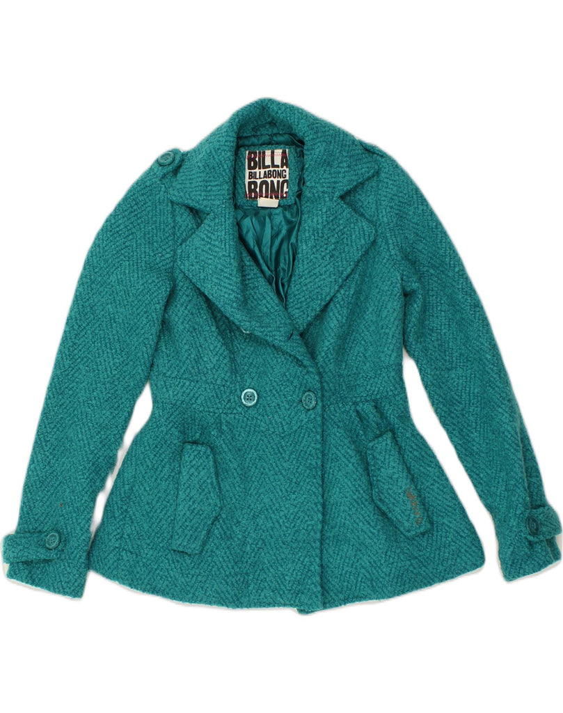 BILLABONG Womens Double Breasted Overcoat UK 8 Small Turquoise Polyester | Vintage Billabong | Thrift | Second-Hand Billabong | Used Clothing | Messina Hembry 