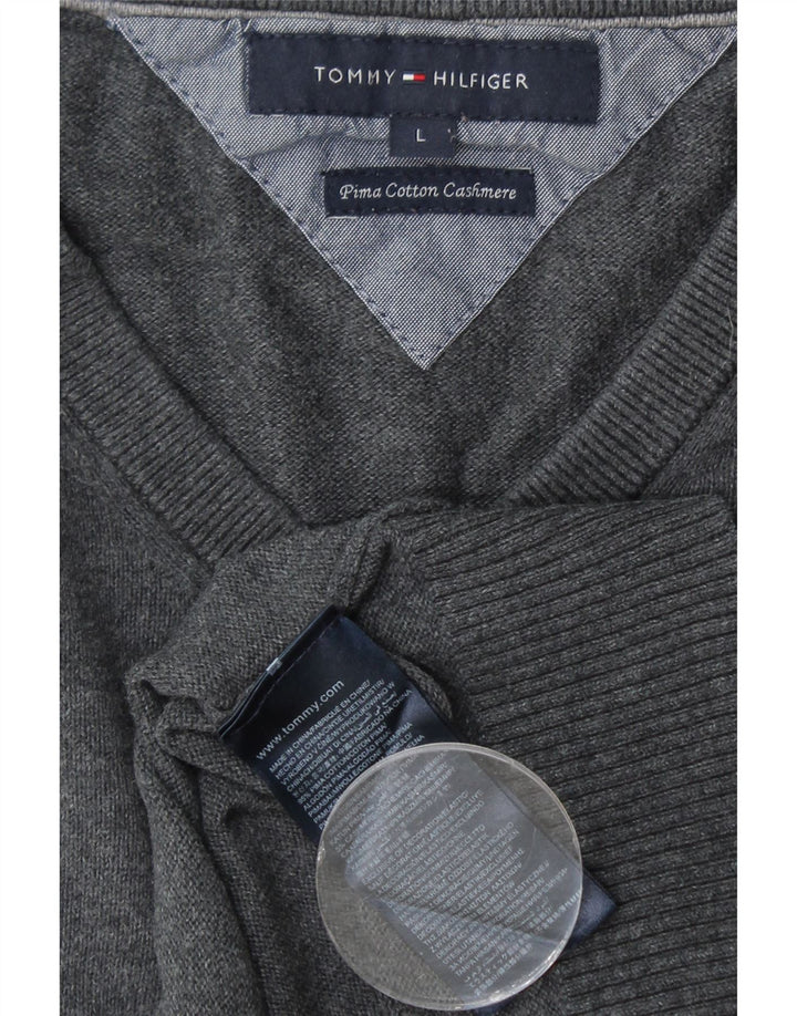 TOMMY HILFIGER Mens V-Neck Jumper Sweater Large Grey Cotton