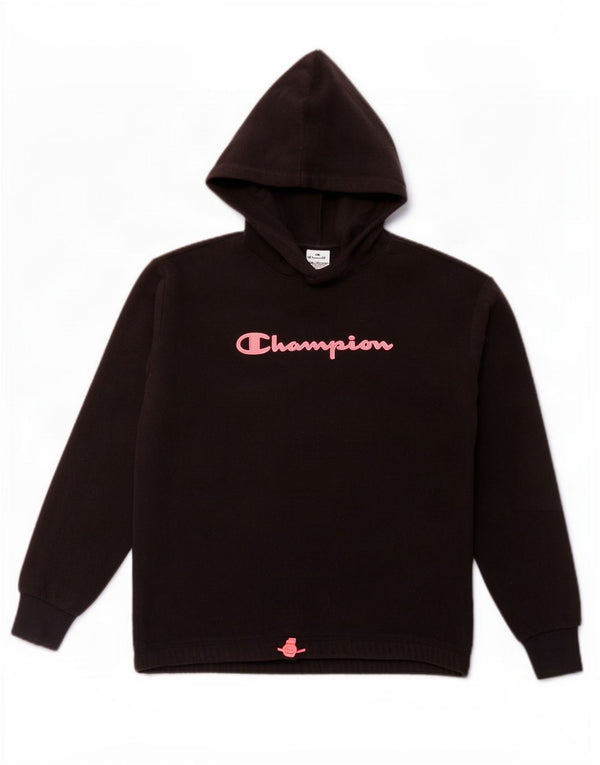 Champion Girls Graphic Hooded Fleece Jumper 15-16 Years 2XL Black Polyester
