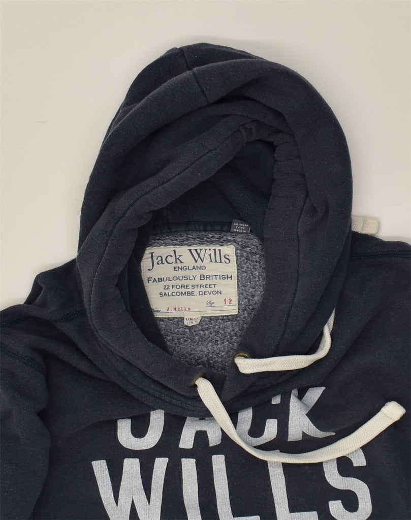 JACK WILLS Womens Graphic Hoodie Jumper UK 12 Medium Navy Blue Cotton | Vintage Jack Wills | Thrift | Second-Hand Jack Wills | Used Clothing | Messina Hembry 