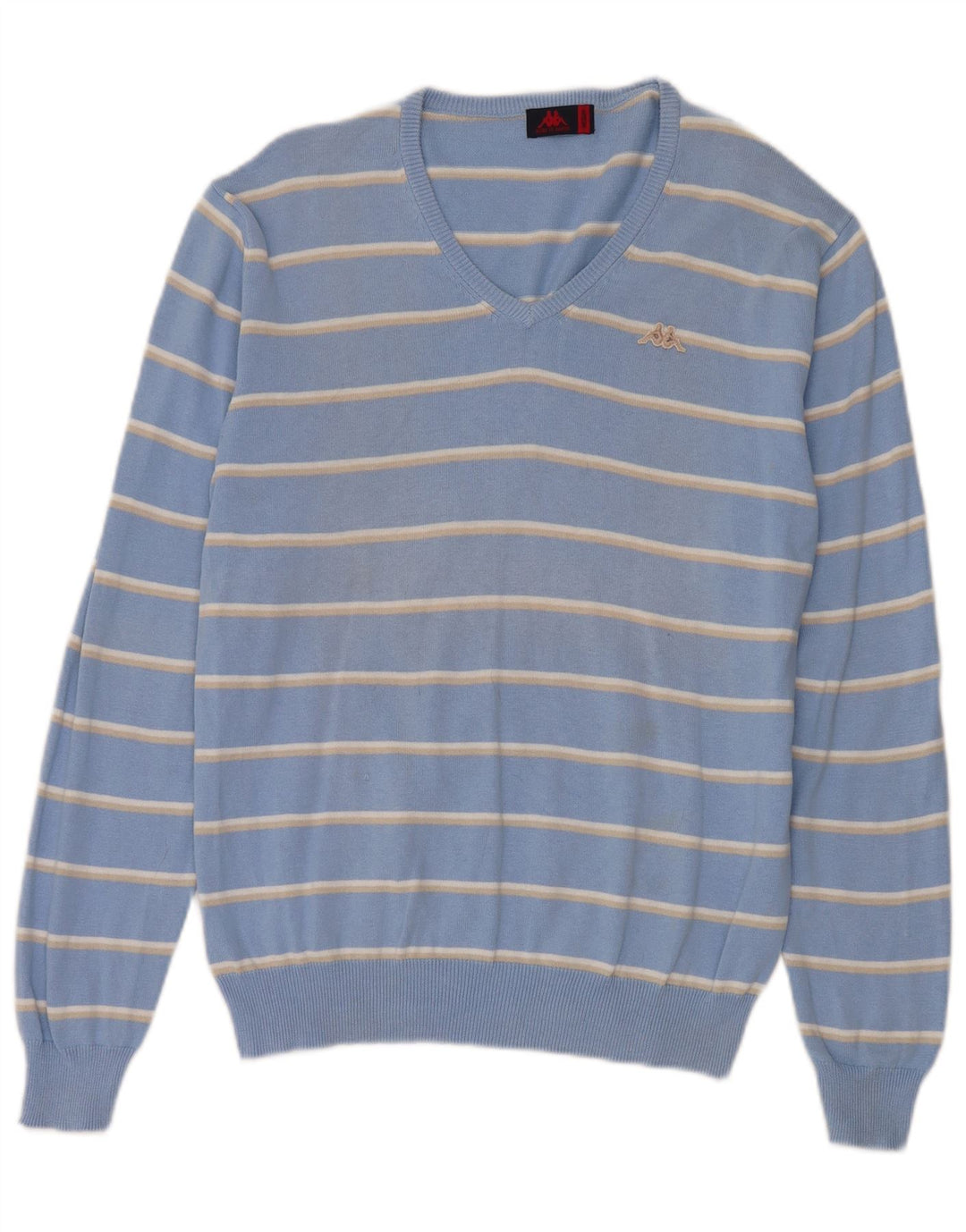 Kappa Mens V-Neck Jumper Sweater Medium Blue Striped Cotton