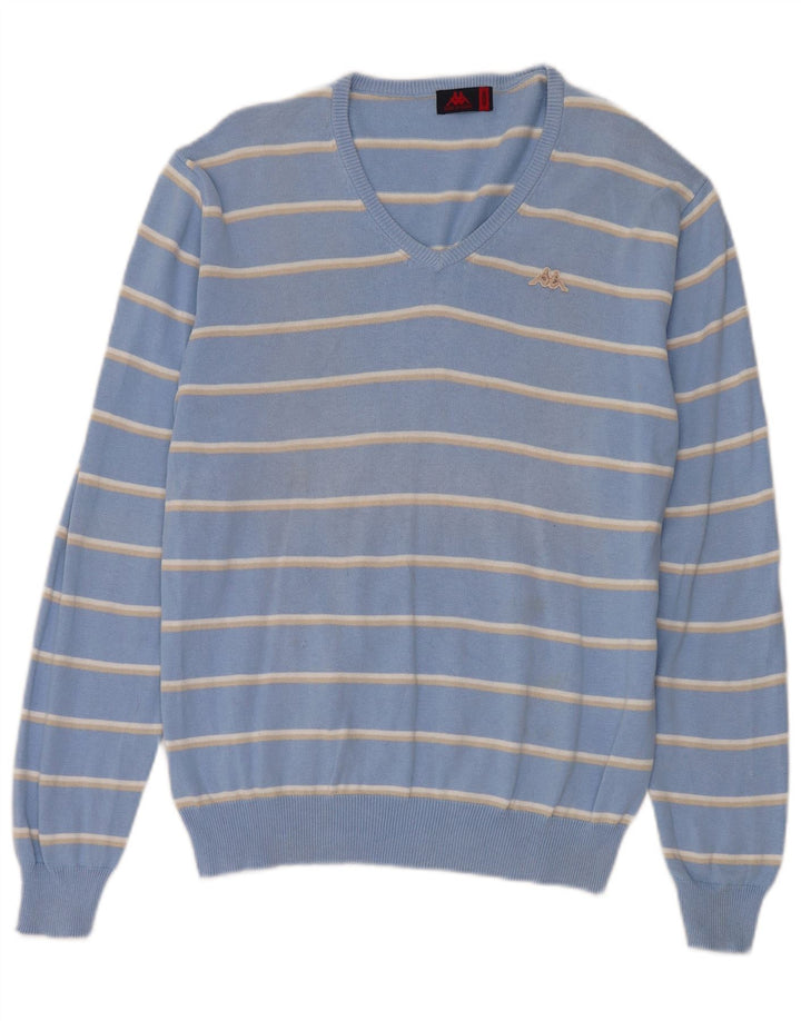 Kappa Mens V-Neck Jumper Sweater Medium Blue Striped Cotton