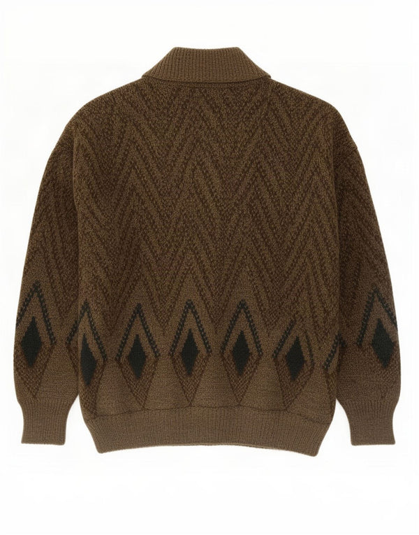 Vintage Mens Cardigan Sweater Medium Khaki Geometric Wool
