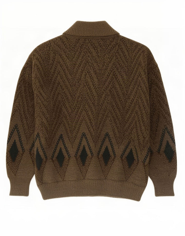 Vintage Mens Cardigan Sweater Medium Khaki Geometric Wool