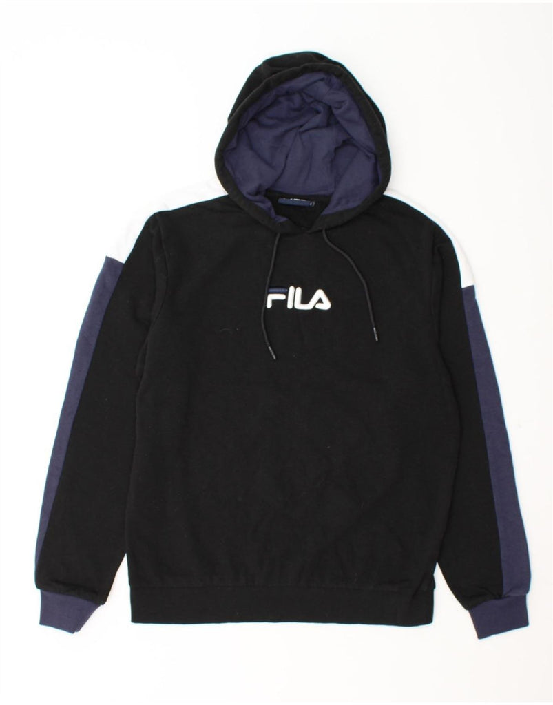 FILA Mens Graphic Hoodie Jumper Medium Black Colourblock Cotton Vintage Fila and Second-Hand Fila from Messina Hembry 