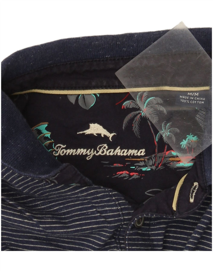 Tommy Bahama Mens Polo Shirt Medium Navy Blue Pinstripe Cotton