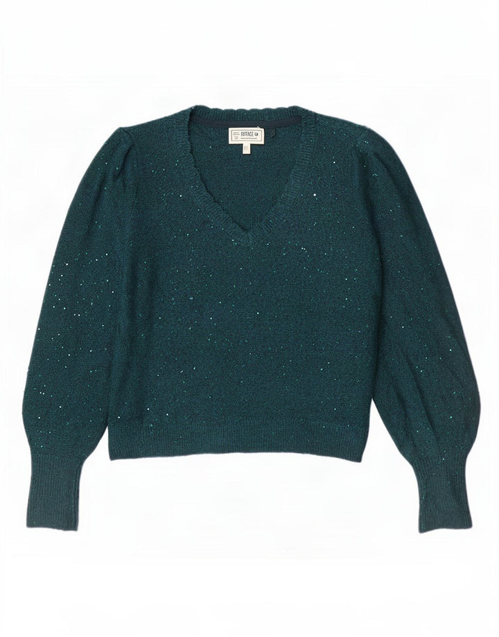 Fat Face Womens Oversized V-Neck Jumper Sweater UK 10 Small Green Flecked