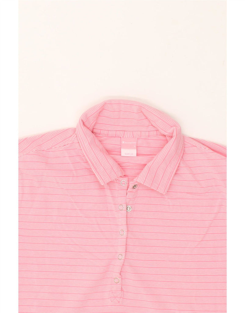 CHAMPION Womens Slim Fit Polo Shirt UK 14 Large Pink Striped Cotton Vintage Champion and Second-Hand Champion from Messina Hembry 