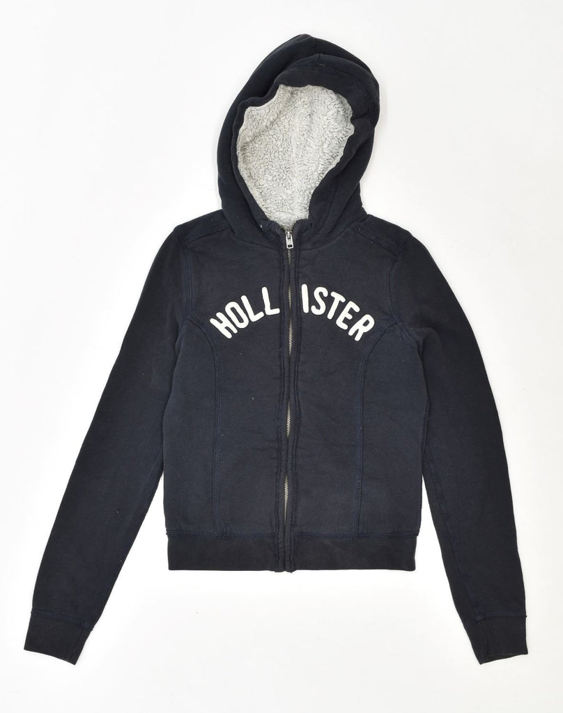 HOLLISTER Womens Sherpa Graphic Zip Hoodie Sweater UK 10 Small Navy Blue | Vintage | Thrift | Second-Hand | Used Clothing | Messina Hembry 