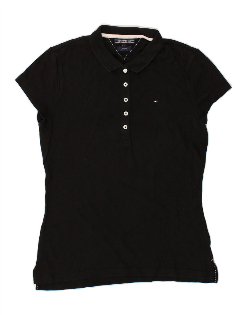 TOMMY HILFIGER Womens Slim Fit Polo Shirt UK 12 Medium Black Cotton | Vintage Tommy Hilfiger | Thrift | Second-Hand Tommy Hilfiger | Used Clothing | Messina Hembry 