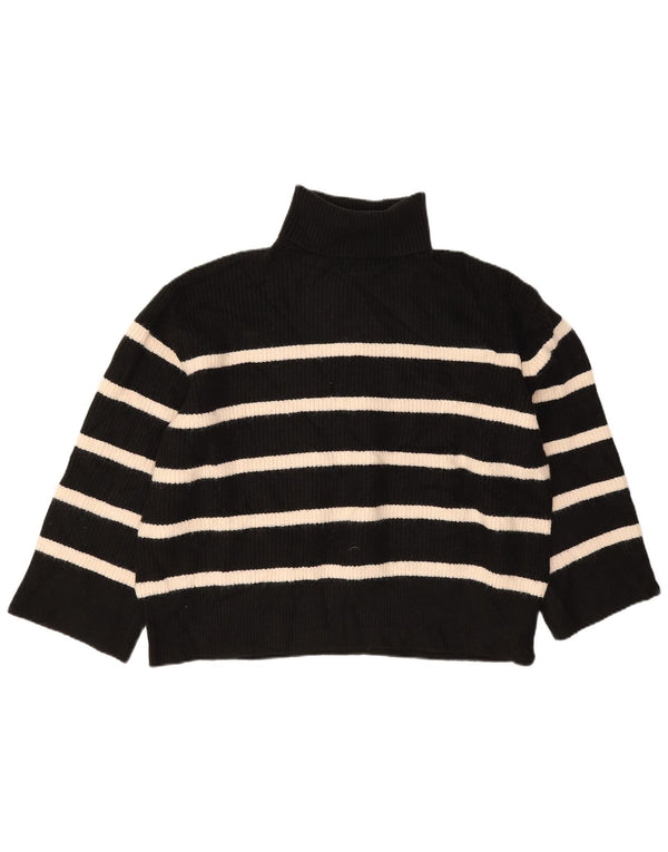 Zara Womens 3/4 Sleeve Roll Neck Jumper Sweater UK 16 Large Black Striped