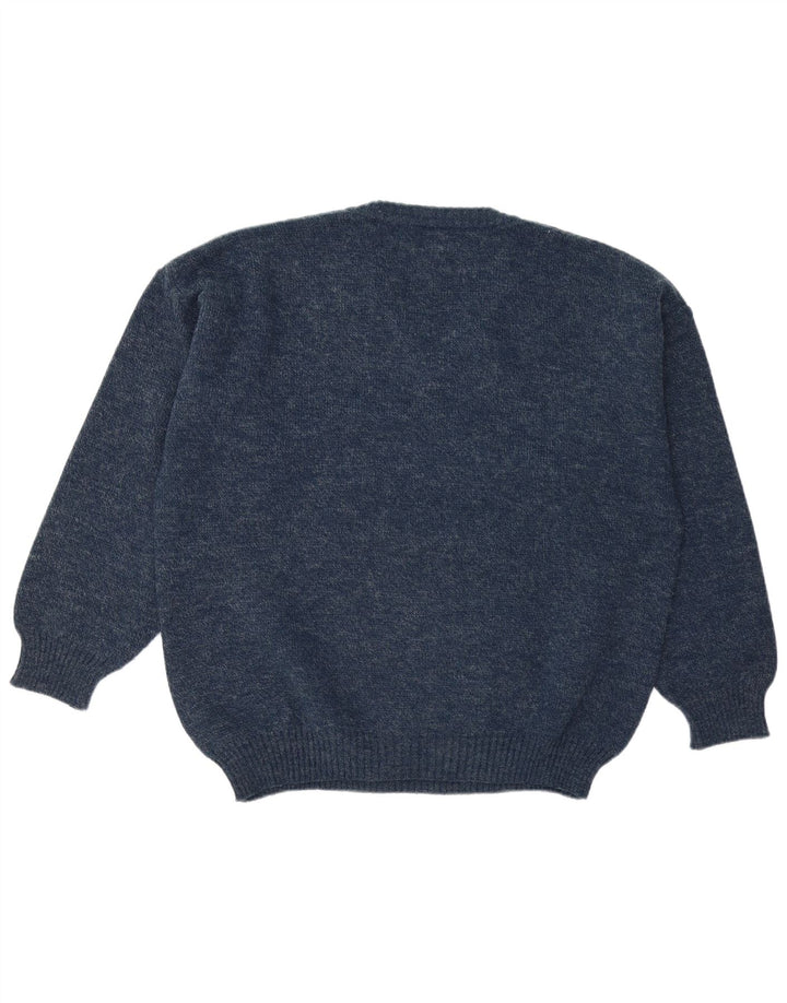VINTAGE Mens V-Neck Jumper Sweater IT 52 Large Navy Blue Geometric