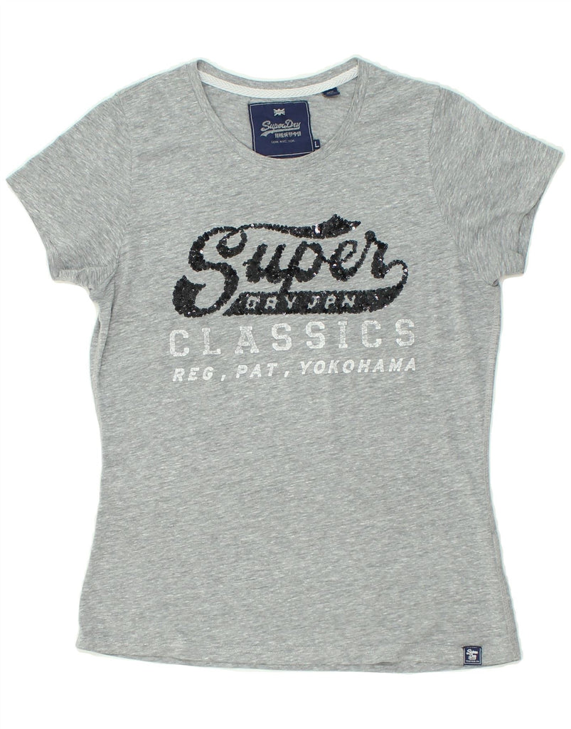 SUPERDRY Womens Classic Graphic T-Shirt Top UK 14 Large Grey Cotton | Vintage Superdry | Thrift | Second-Hand Superdry | Used Clothing | Messina Hembry 