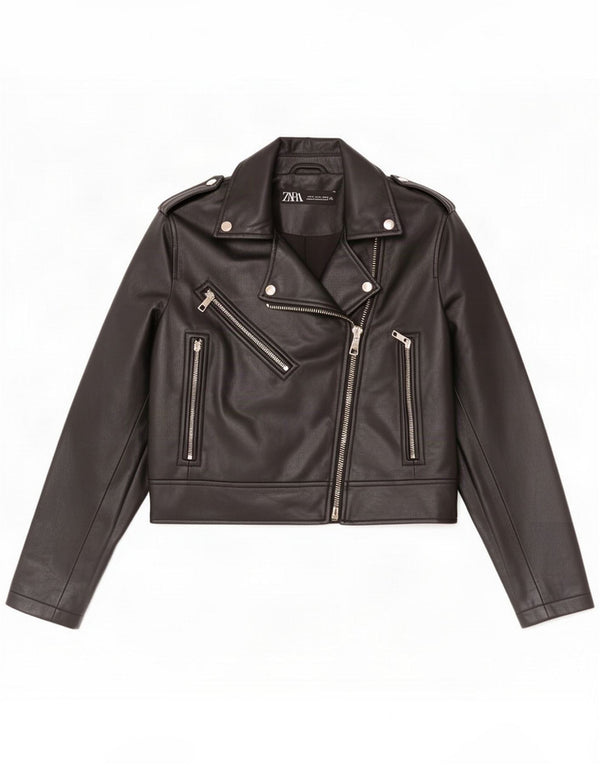 Zara Womens Faux Leather Biker Jacket UK 12 Medium Black Polyurethane