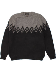 EDDIE BAUER Mens Crew Neck Jumper Sweater Large Black Fair Isle Lambswool