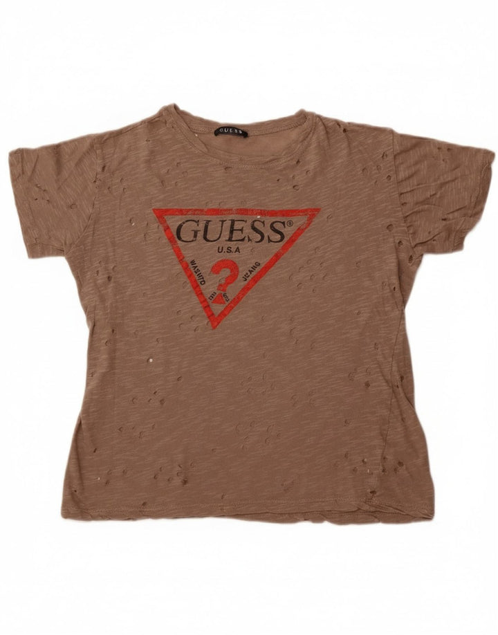 Guess Womens Perforated Graphic T-Shirt Top UK 14 Medium Brown