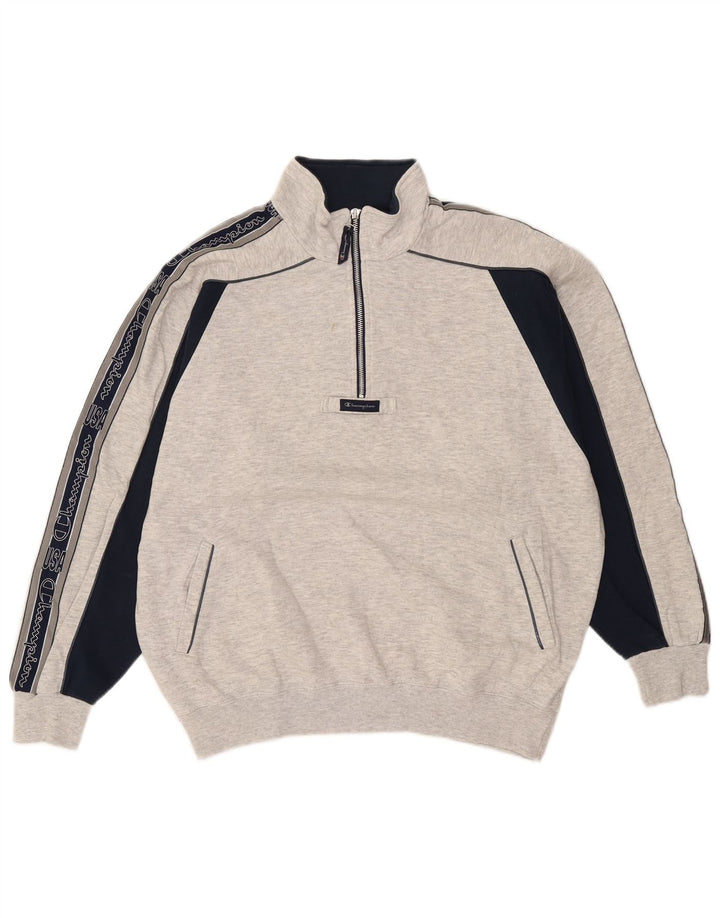 Champion Mens Graphic Zip Neck Sweatshirt Jumper Large Grey Colourblock