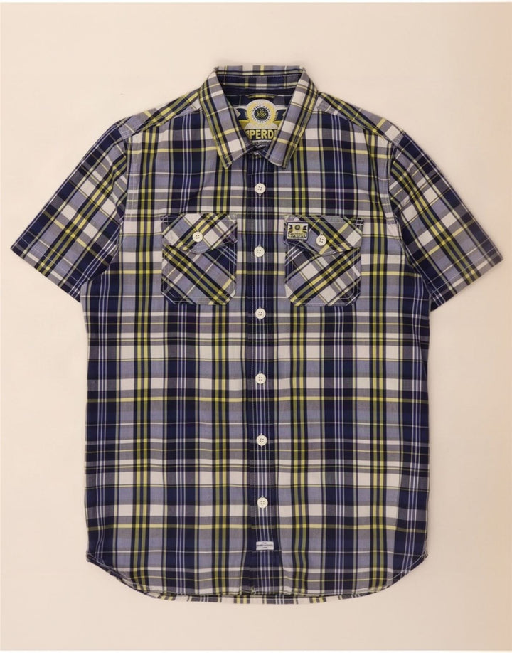 Superdry Mens Short Sleeve Shirt Large Blue Check Cotton