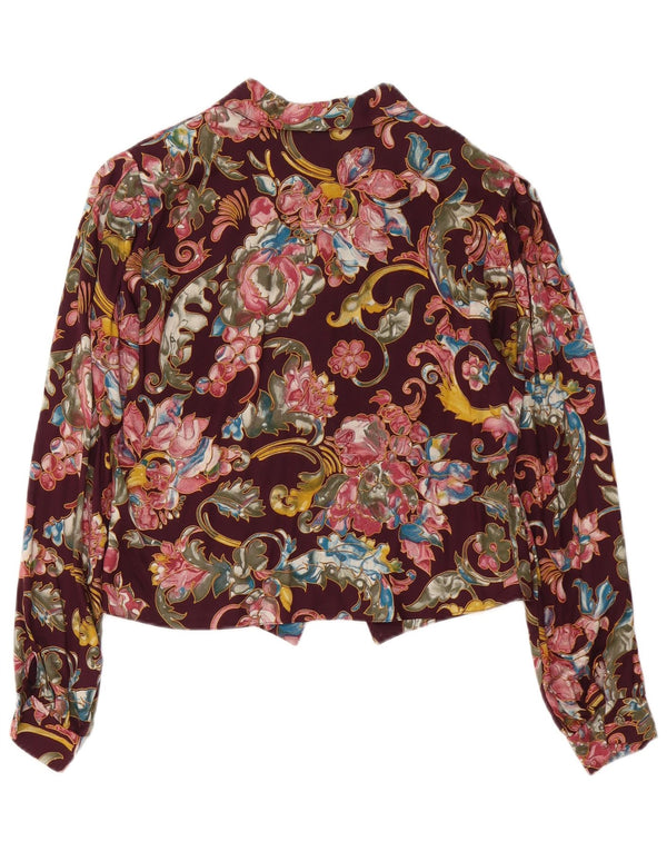 Vintage Womens Shirt Blouse UK 10 Small Burgundy Floral Viscose