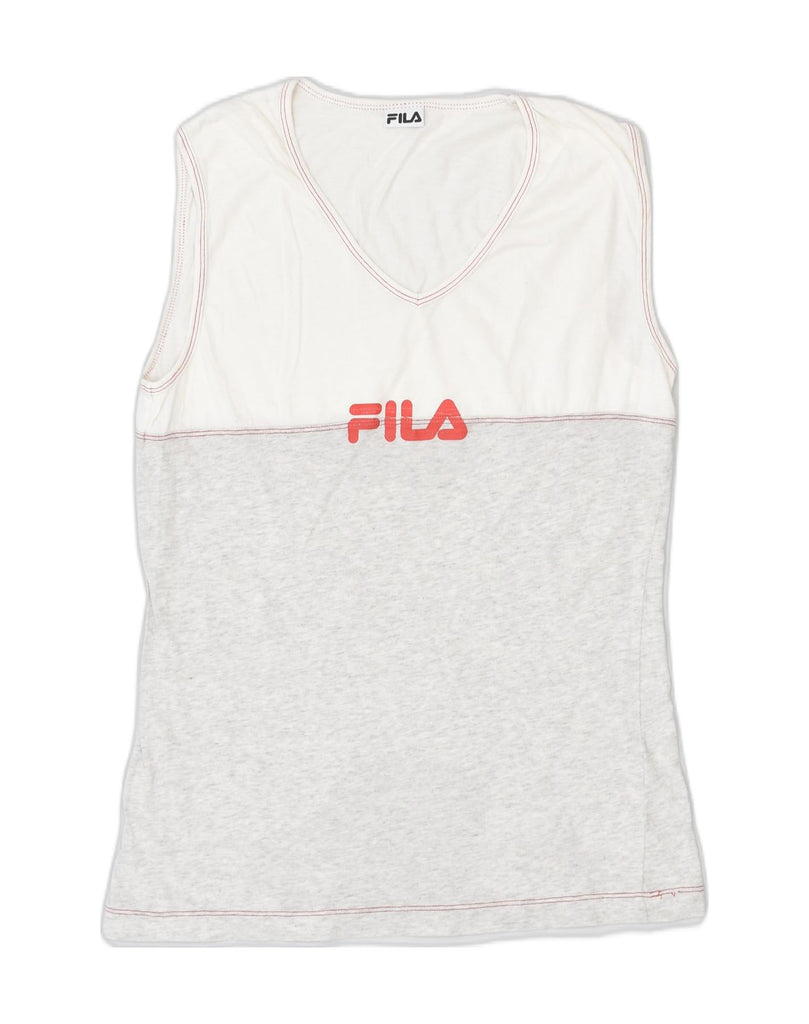 FILA Womens Graphic Vest Top UK 8 Small Grey Colourblock Cotton | Vintage Fila | Thrift | Second-Hand Fila | Used Clothing | Messina Hembry 