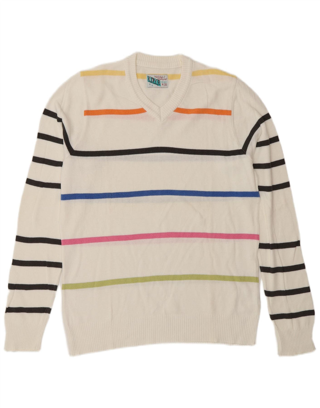XDYE Mens V-Neck Jumper Sweater Medium White Striped