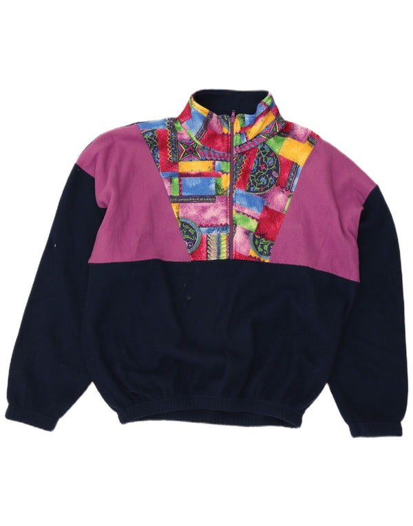 Vintage Mens Loose Fit Zip Neck Fleece Jumper Medium Navy Blue Geometric
