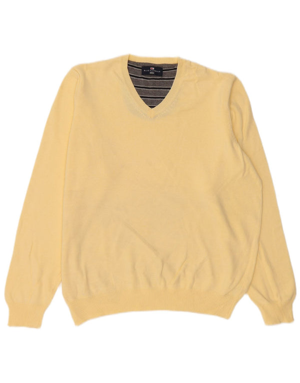 Marks & Spencer Mens Blue Harbour V-Neck Jumper Sweater Large Yellow Cotton
