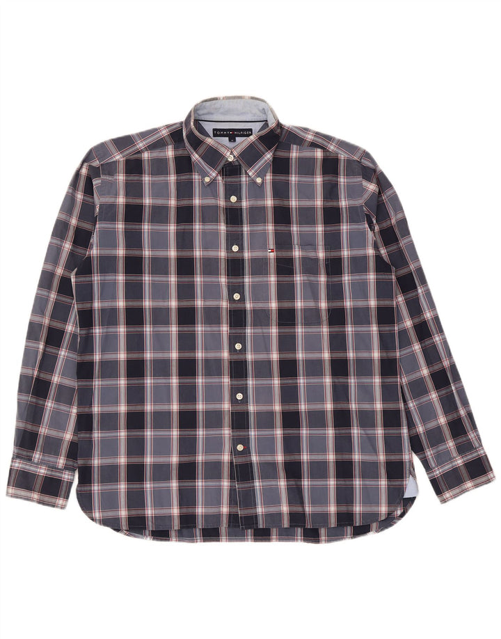 Tommy Hilfiger Mens Shirt Medium Navy Blue Plaid Cotton