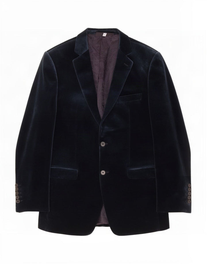 Zara Mens 2 Button Velvet Blazer Jacket EU 52 Large Navy Blue Cotton
