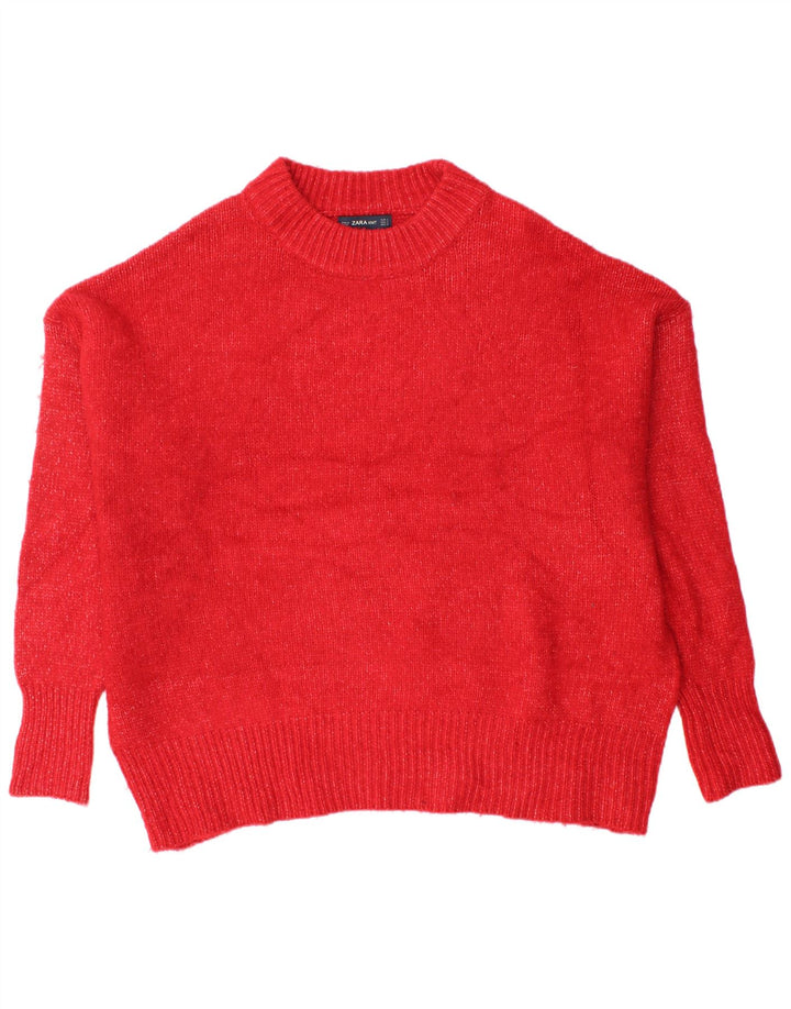 ZARA Womens Oversized Crew Neck Jumper Sweater UK 10 Small Red Acrylic