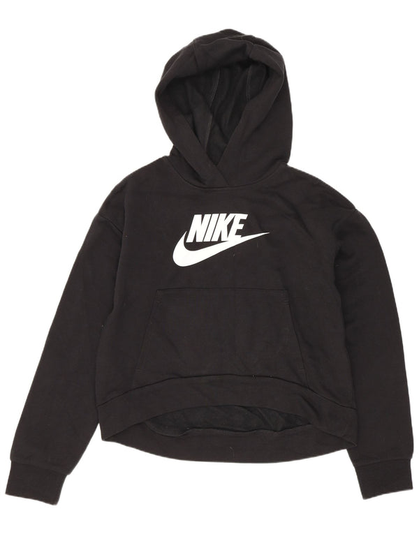 Nike Girls Graphic Hoodie Jumper 12-13 Years Large Black Cotton