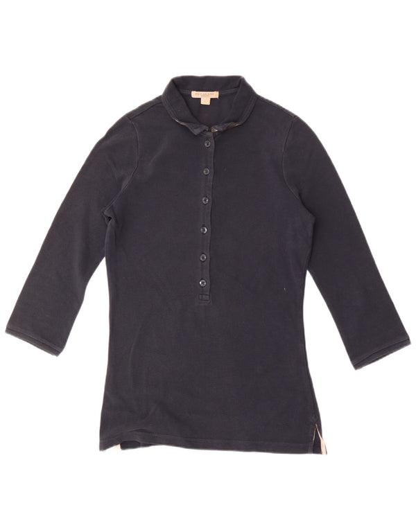 Burberry Womens 3/4 Sleeve Polo Shirt UK 10 Small Navy Blue Cotton