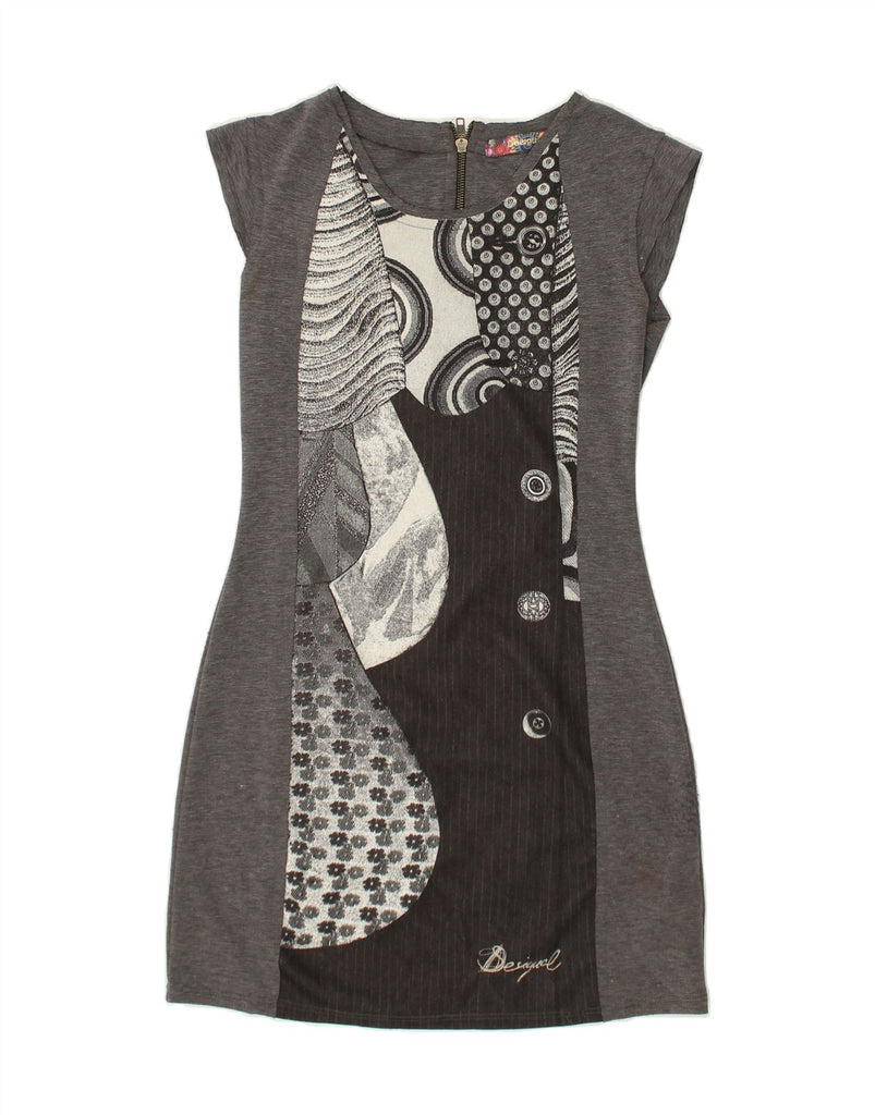 DESIGUAL Womens Basic Dress UK 6 XS Grey Patchwork Polyester | Vintage Desigual | Thrift | Second-Hand Desigual | Used Clothing | Messina Hembry 