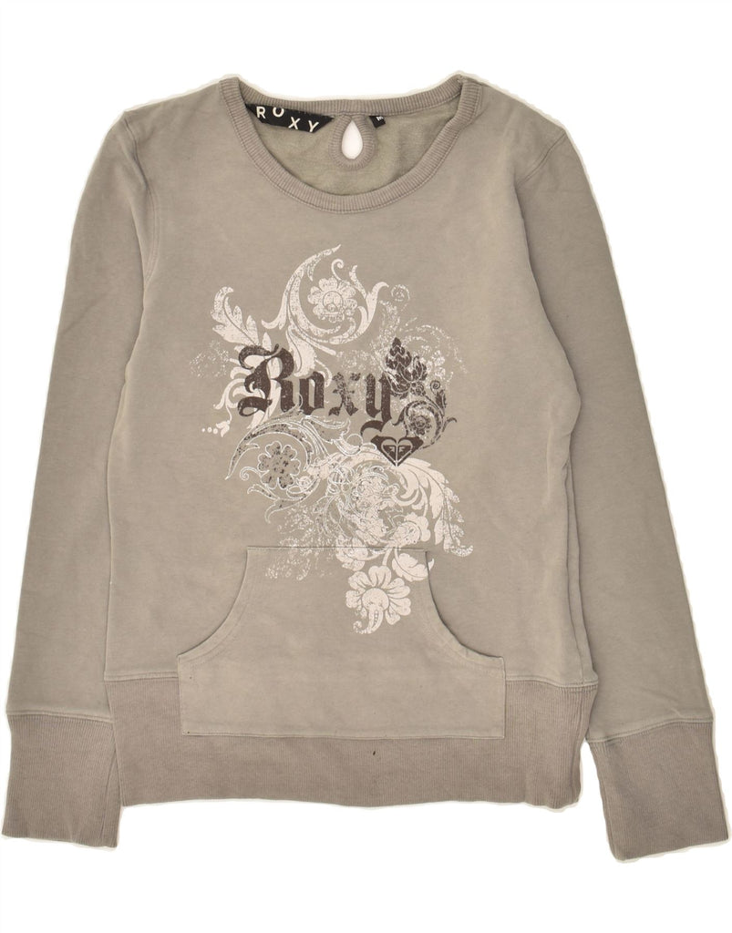 ROXY Womens Graphic Sweatshirt Jumper UK 12 Medium Grey Floral Cotton | Vintage Roxy | Thrift | Second-Hand Roxy | Used Clothing | Messina Hembry 