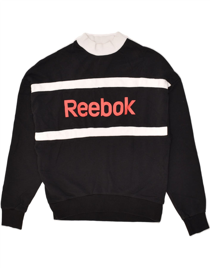 REEBOK Womens Graphic Sweatshirt Jumper UK 4/6 XS Black Colourblock Cotton | Vintage Reebok | Thrift | Second-Hand Reebok | Used Clothing | Messina Hembry 