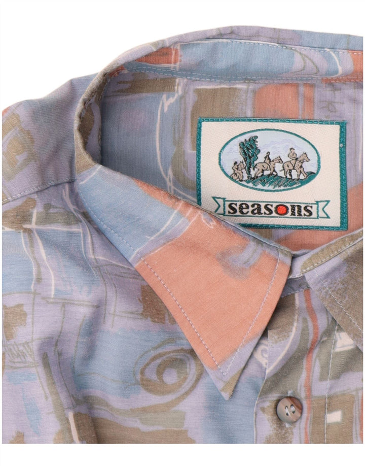 Vintage Mens Abstract Pattern Short Sleeve Shirt Large Blue