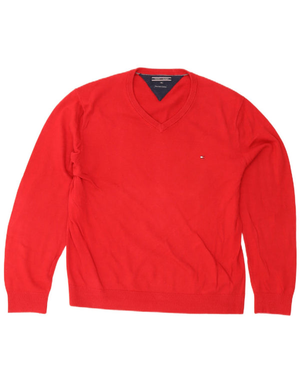 Tommy Hilfiger Mens V-Neck Jumper Sweater 2XL Red Cotton