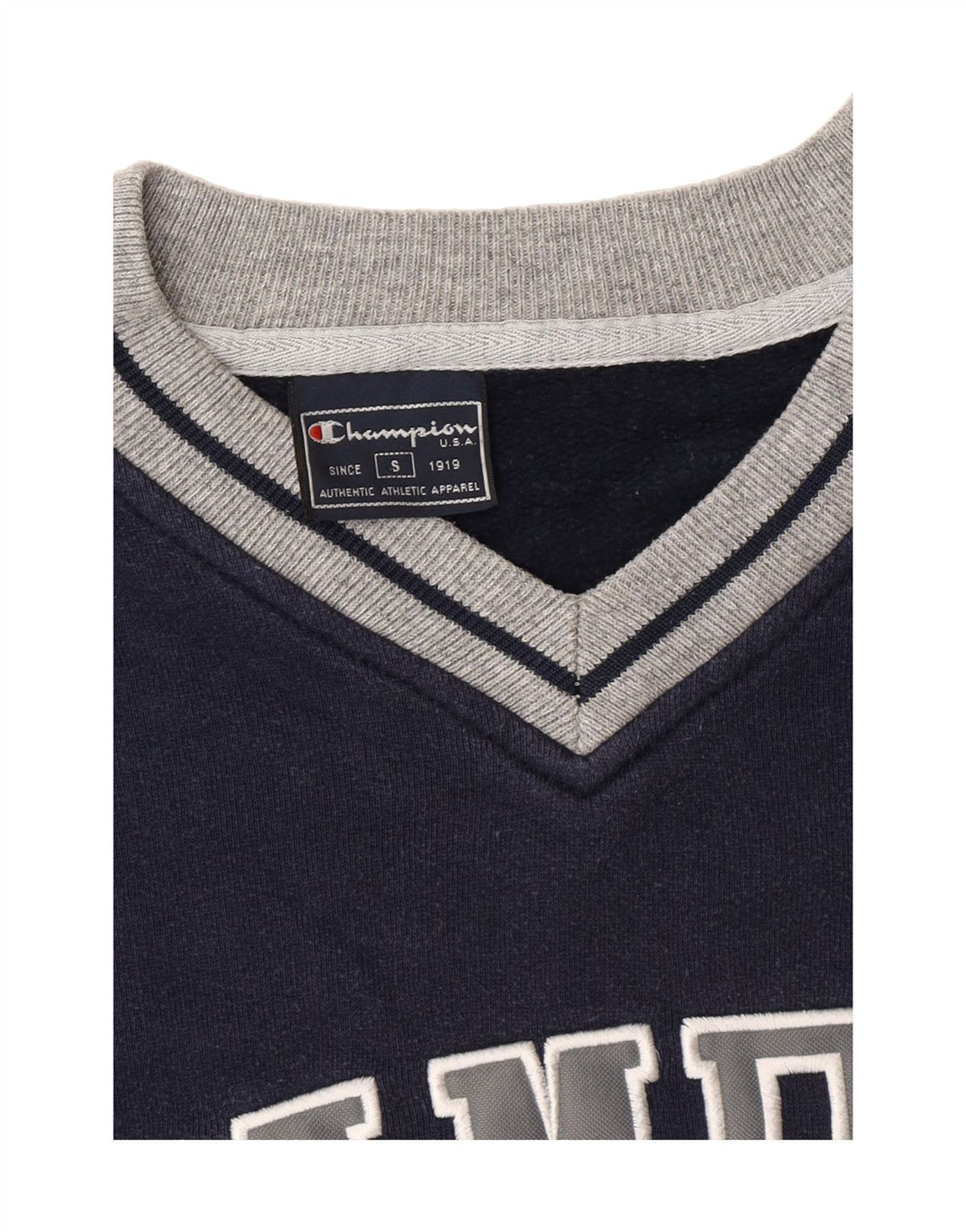CHAMPION Mens Graphic Sweatshirt Jumper Small Navy Blue Colourblock Vintage Champion and Second-Hand Champion from Messina Hembry 
