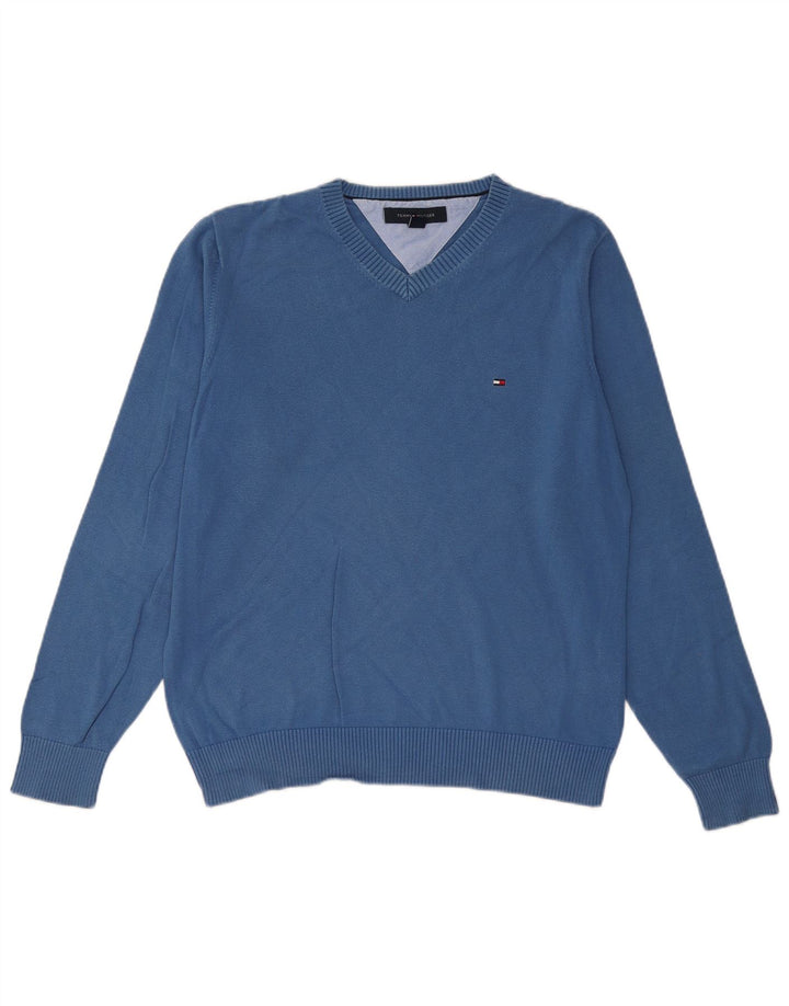 TOMMY HILFIGER Mens V-Neck Jumper Sweater Medium Blue Cotton